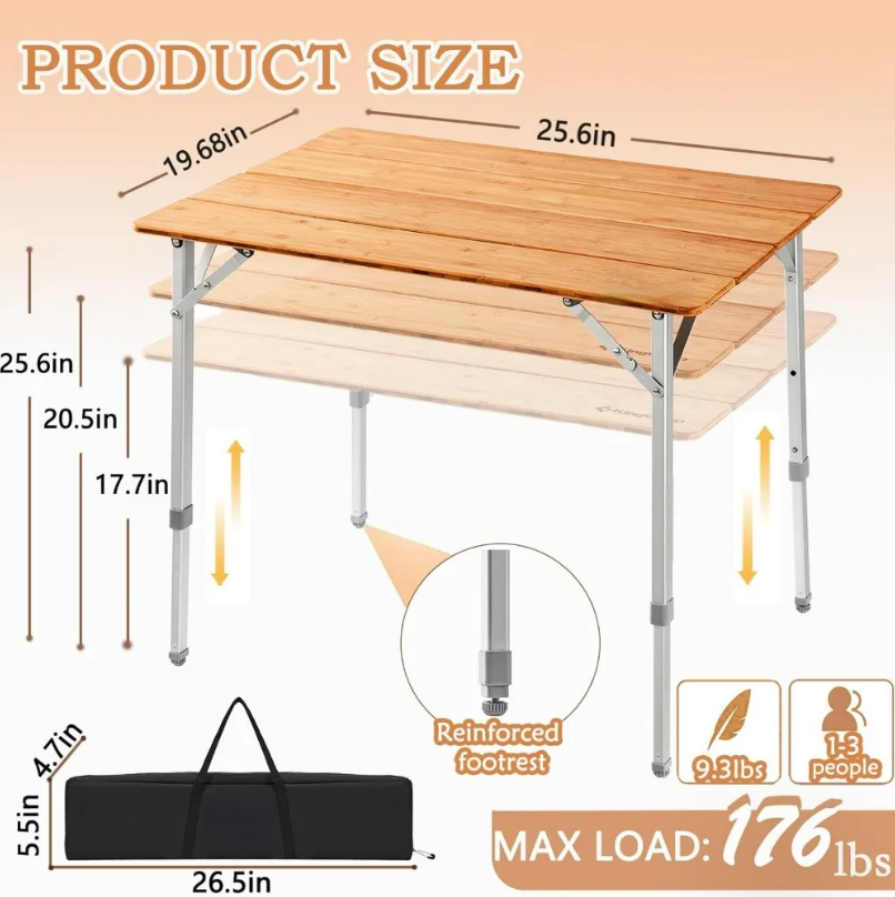 Bamboo Folding Table Environmental Camping with Adjustable Height Aluminum Legs