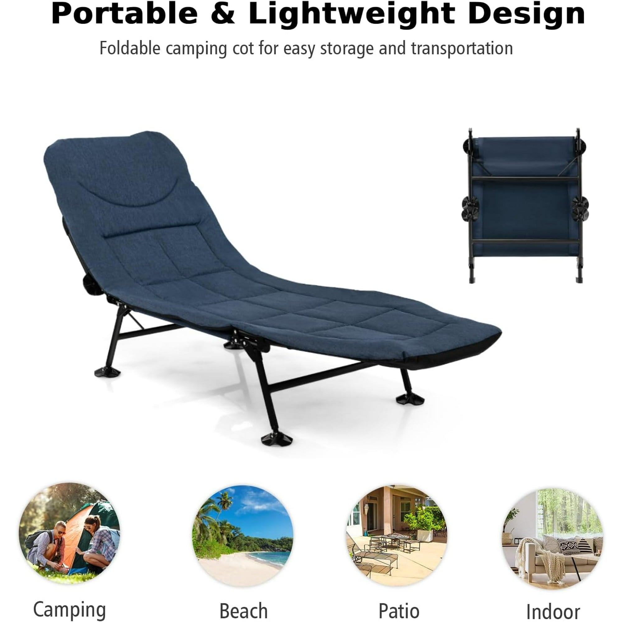 Portable Folding Camping Cot Bed with 2 Sided Mattress & Pillow, Adjustable 5-Position Folding Lounge Chair, Folding Rollaway Guest Bed