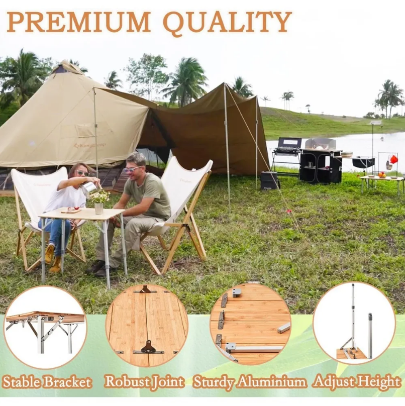 Bamboo Folding Table Environmental Camping with Adjustable Height Aluminum Legs