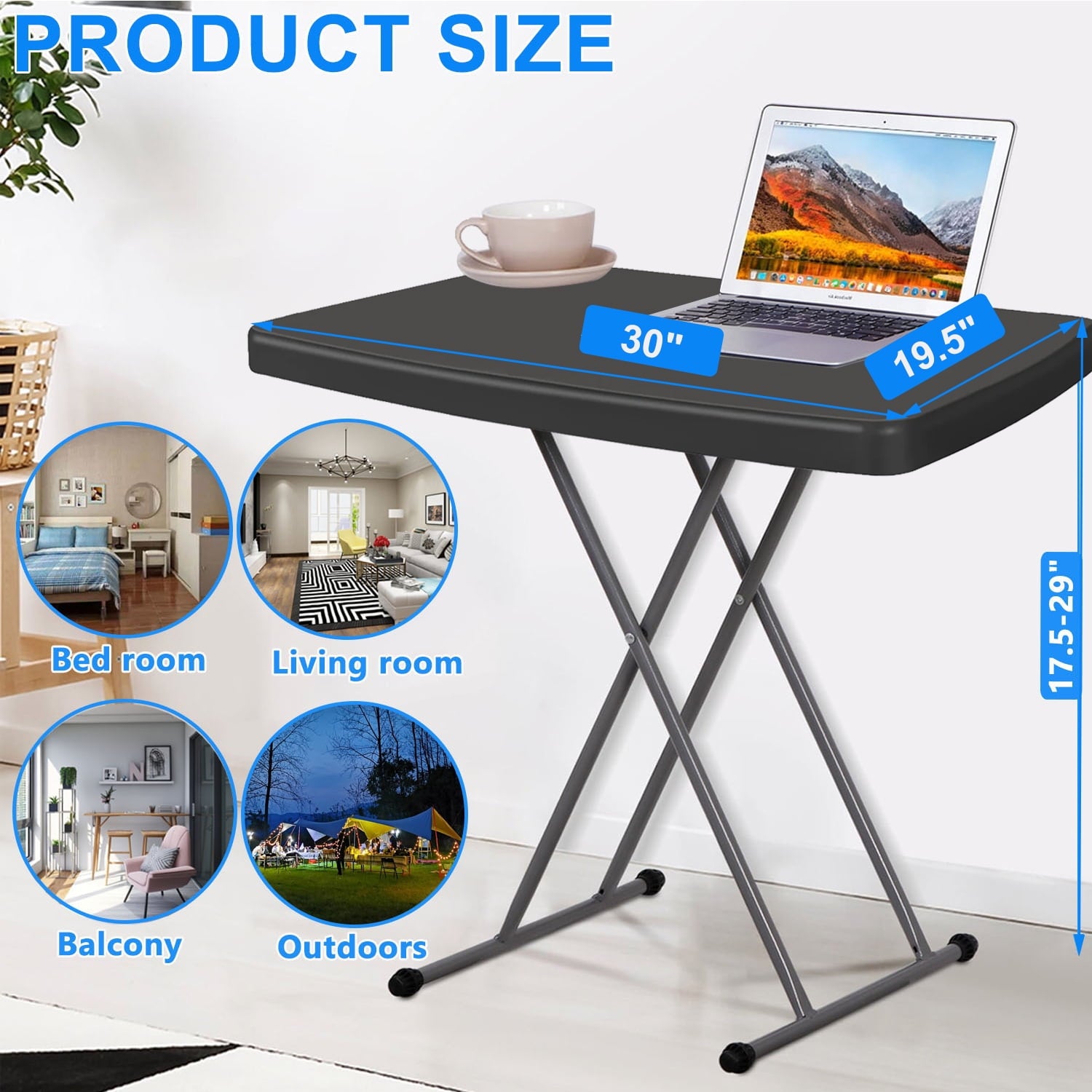 Musment Portable TV Tray Table - Folding Table Adjustable Height for Camping & Dining ,Lightweight Indoor/Outdoor, 30 Inch, Black