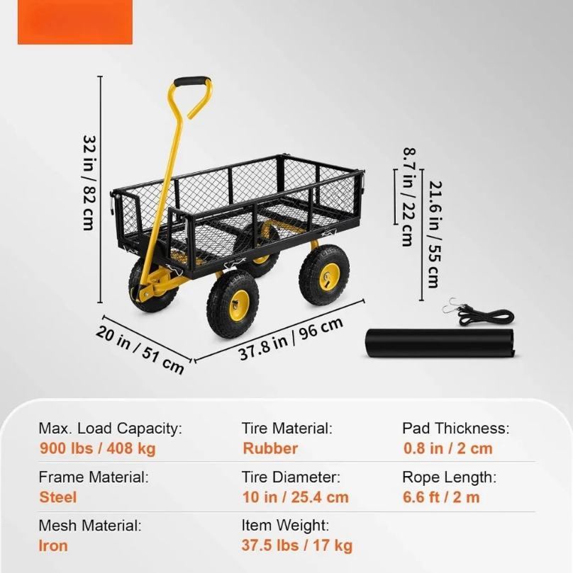 Camping Wagon Heavy Duty Steel Garden Cart With Steel Mesh Removable Sides