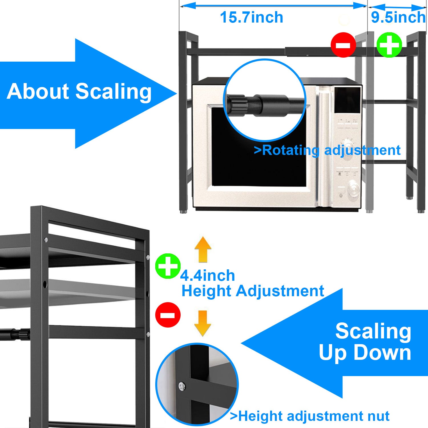 Microwave Oven Rack, 3-Tier Expandable Microwave Stand Countertop Kitchen Utensils Tableware Storage, Carbon Steel Over Microwave Shelf Countertop with 3 Hooks