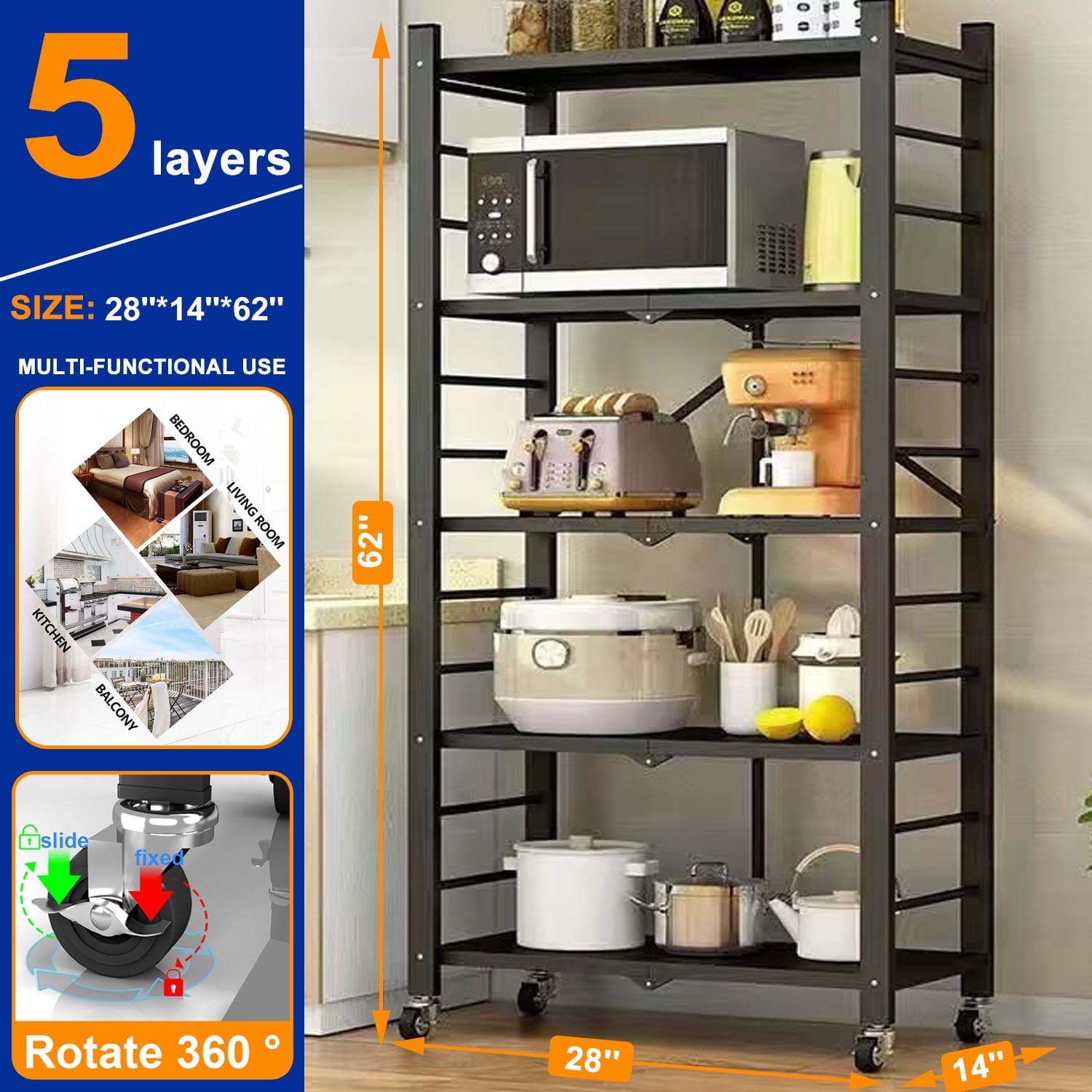 5 Tier Storage Shelves with Wheels,Collapsible Kitchen Rolling Cart, Metal Garage Shelving, Foldable Shelf ,Storage Rack , Foldable Shelf Unit