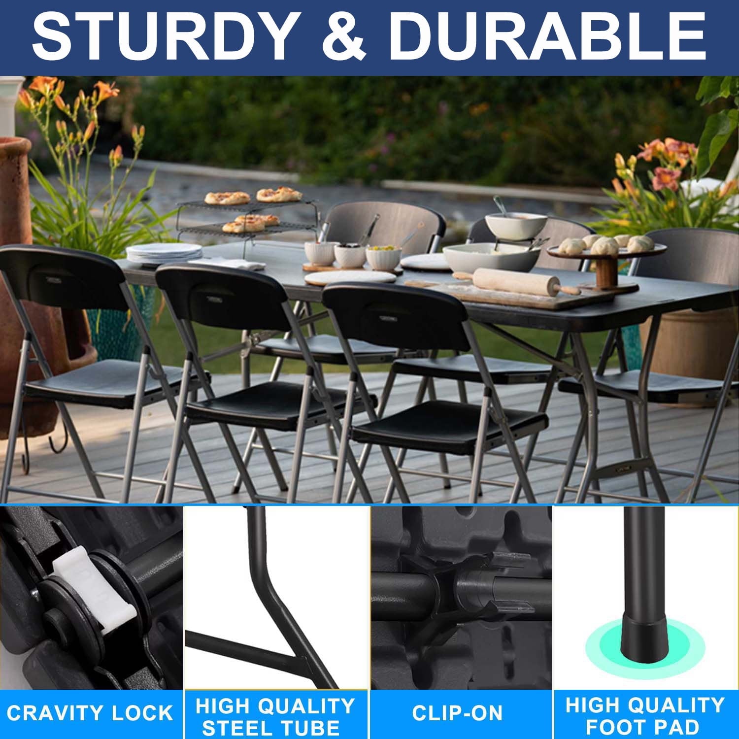 Musment Folding Table 6ft Plastic Folding Outdoor Table, Black