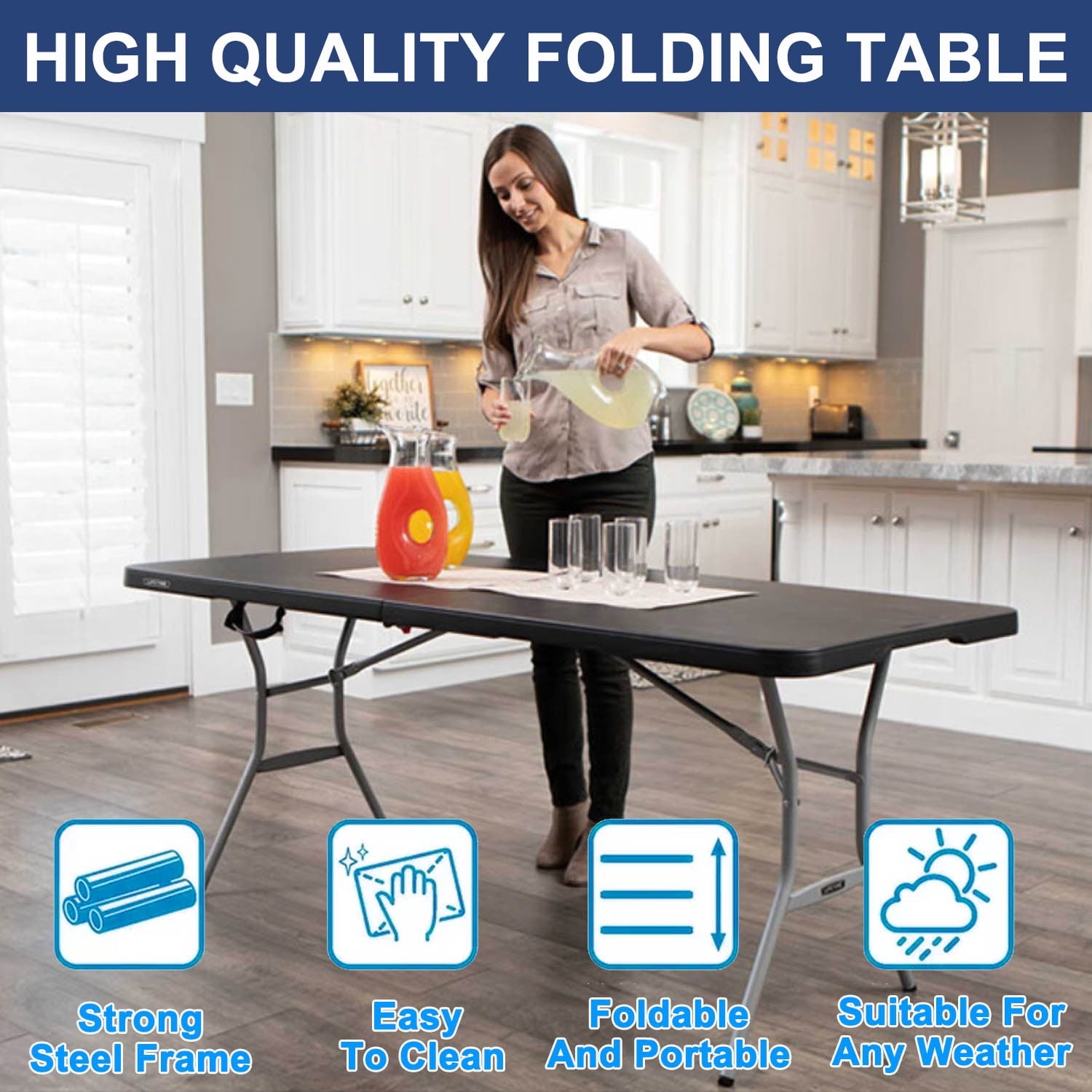 Musment Folding Table 6ft Plastic Folding Outdoor Table, Black