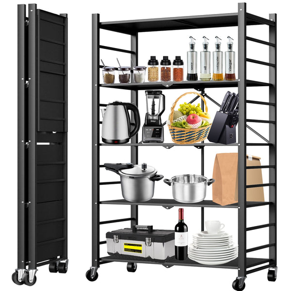 5-Tier Storage Shelving Unit, Heavy Duty Metal Shelf, Foldable Storage Shelf with Wheels, Garage Shelf, Metal Storage Rack, Kitchen Shelf with 4 Hooks, No Assemble Require