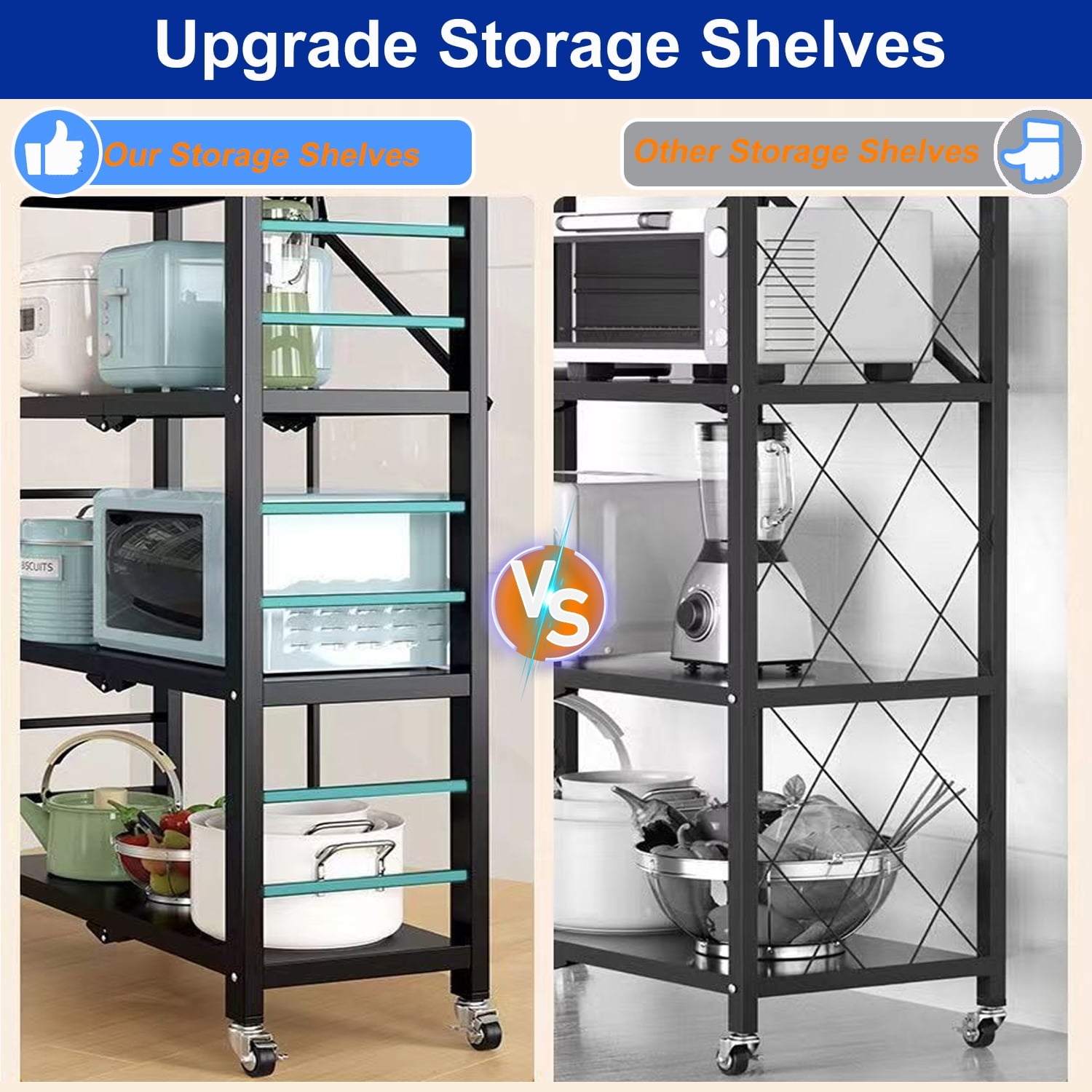 5-Tier Storage Shelving Unit, Heavy Duty Metal Shelf, Foldable Storage Shelf with Wheels, Garage Shelf, Metal Storage Rack, Kitchen Shelf with 4 Hooks, No Assemble Require