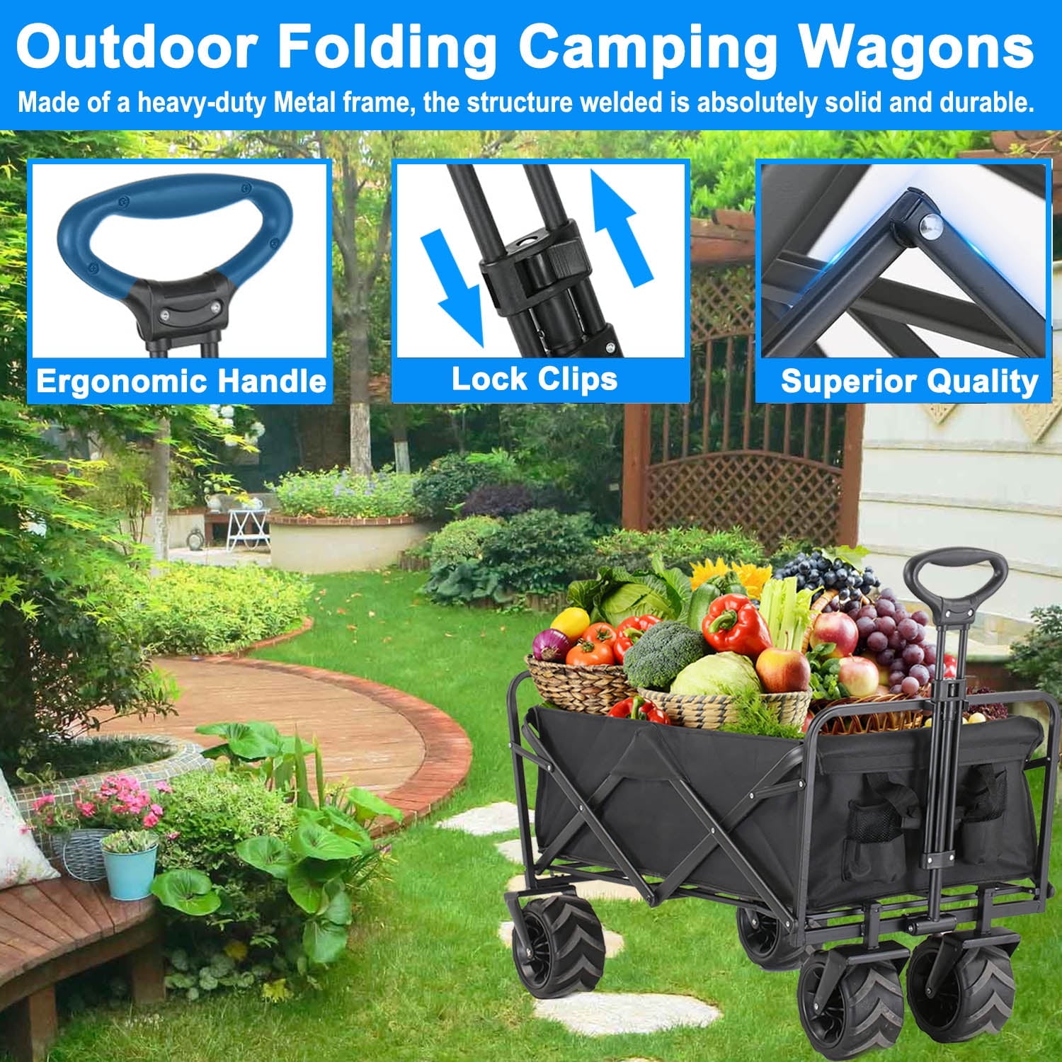 Collapsible Foldable Wagon Cart,350lbs Large Capacity Folding Wagon Cart with All-Terrain Wheels,Utility Cart with Side Pocket and Brakes for Grocery ,Garden,Shopping, Camping, Outdoor, Beach