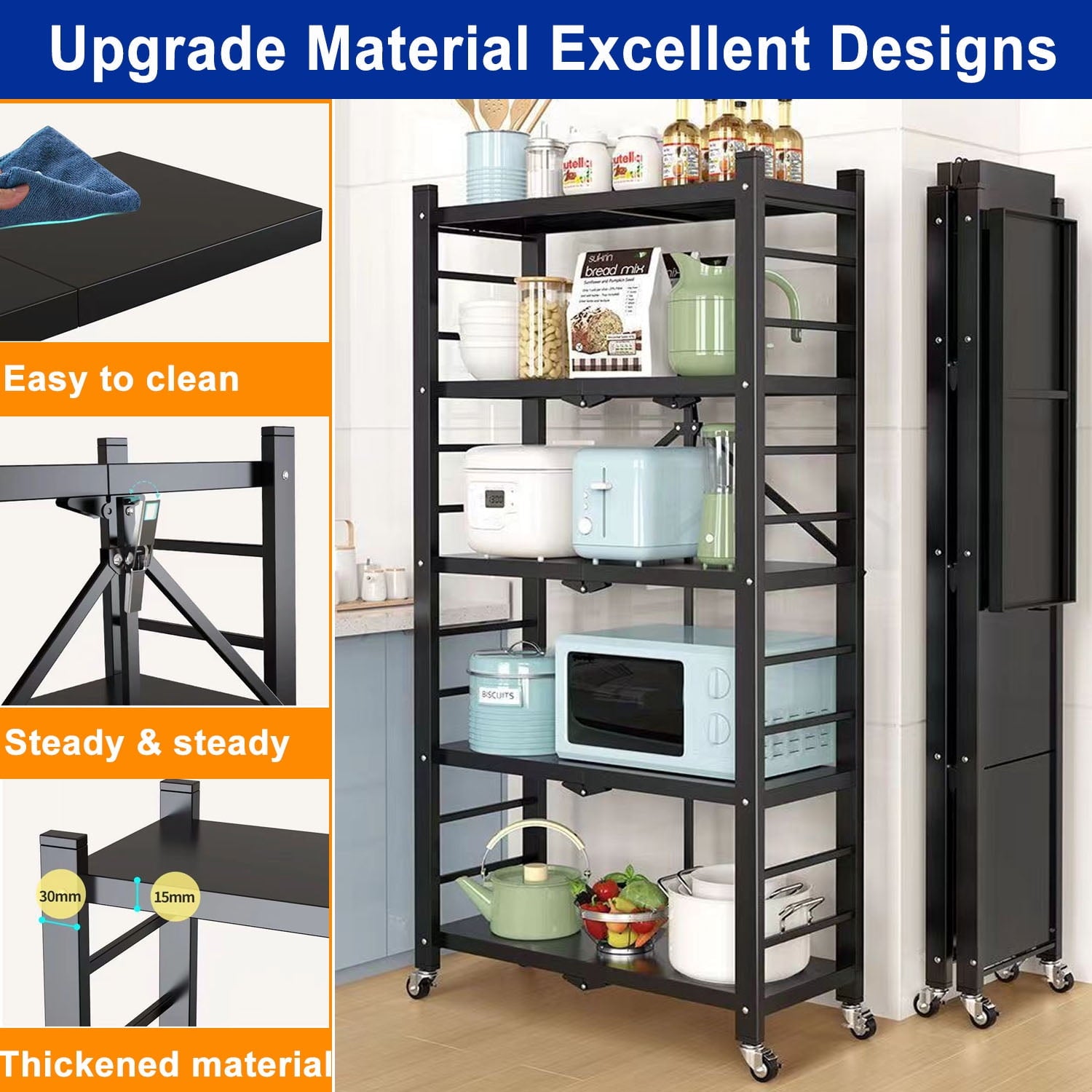 5-Tier Storage Shelving Unit, Heavy Duty Metal Shelf, Foldable Storage Shelf with Wheels, Garage Shelf, Metal Storage Rack, Kitchen Shelf with 4 Hooks, No Assemble Require