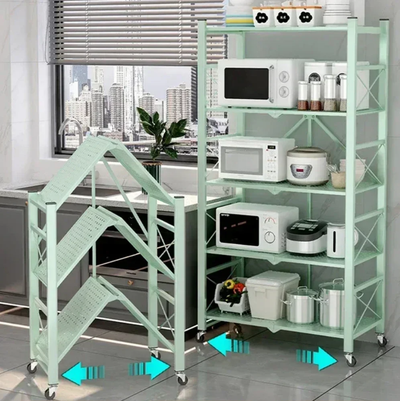 Kitchen Storage Rack Foldable Display Shelf with Wheels