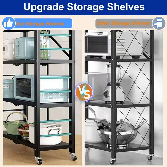 5 Tier Storage Shelves with Wheels,Collapsible Kitchen Rolling Cart, Metal Garage Shelving, Foldable Shelf ,Storage Rack , Foldable Shelf Unit